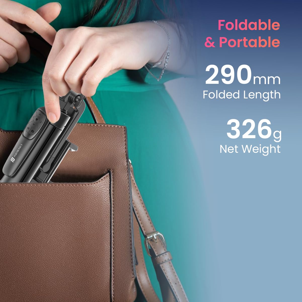 Portronics Lumistick Pro Smart Selfie Stick with 360 Degree Rotation, 10 M Bluetooth Range, 1600 mm Extension Rod POR -2064